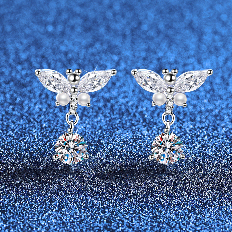 Pearl Butterfly Drop Sparkle Stud Earrings