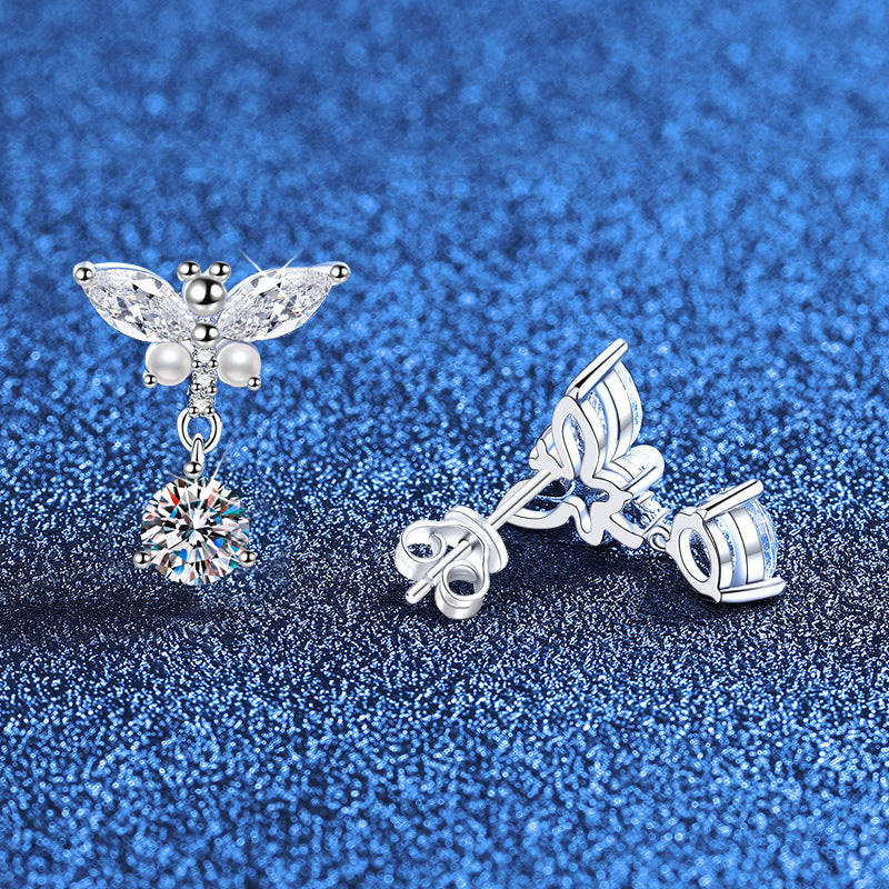 Pearl Butterfly Drop Sparkle Stud Earrings