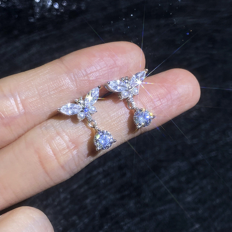 Pearl Butterfly Drop Sparkle Stud Earrings