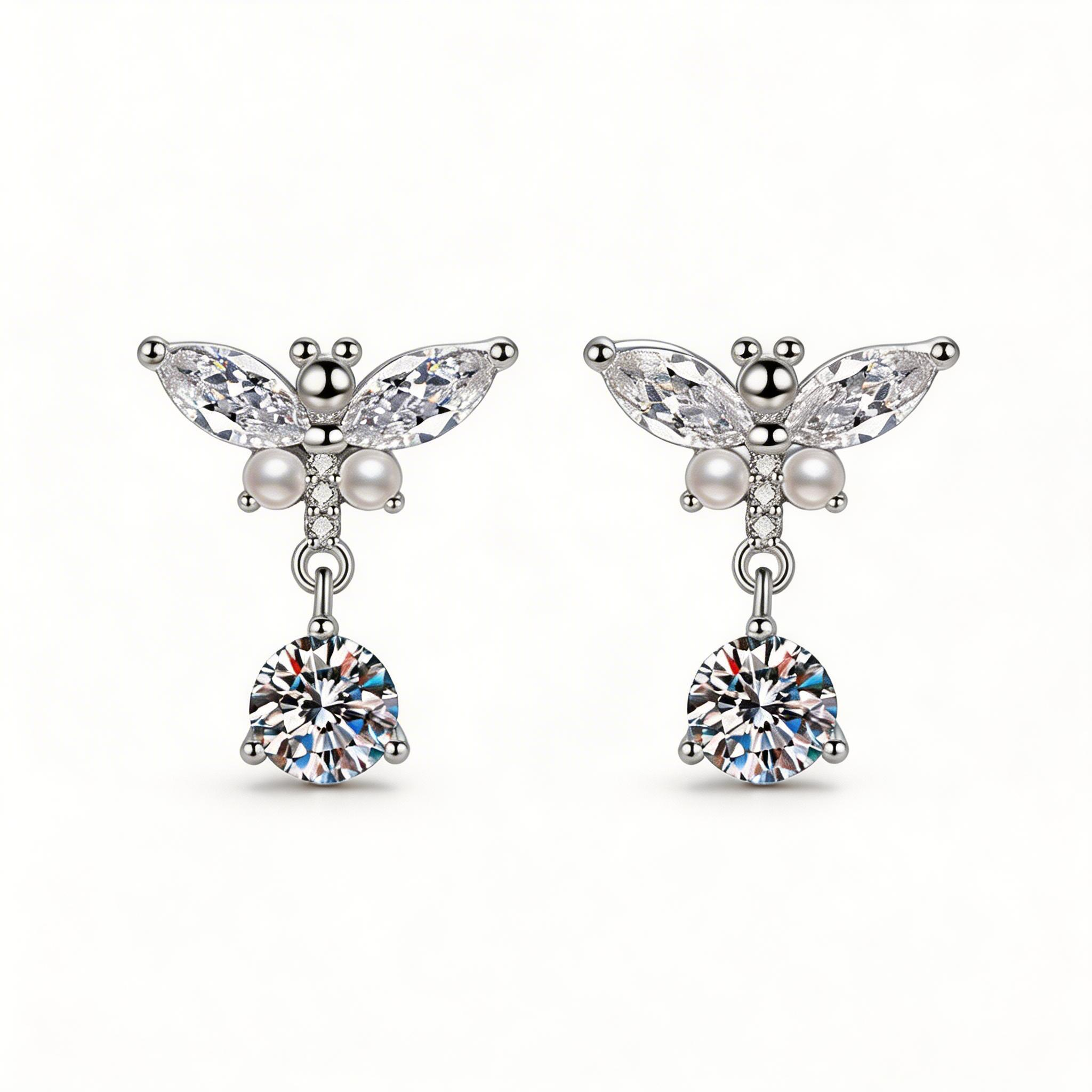 Pearl Butterfly Drop Sparkle Stud Earrings