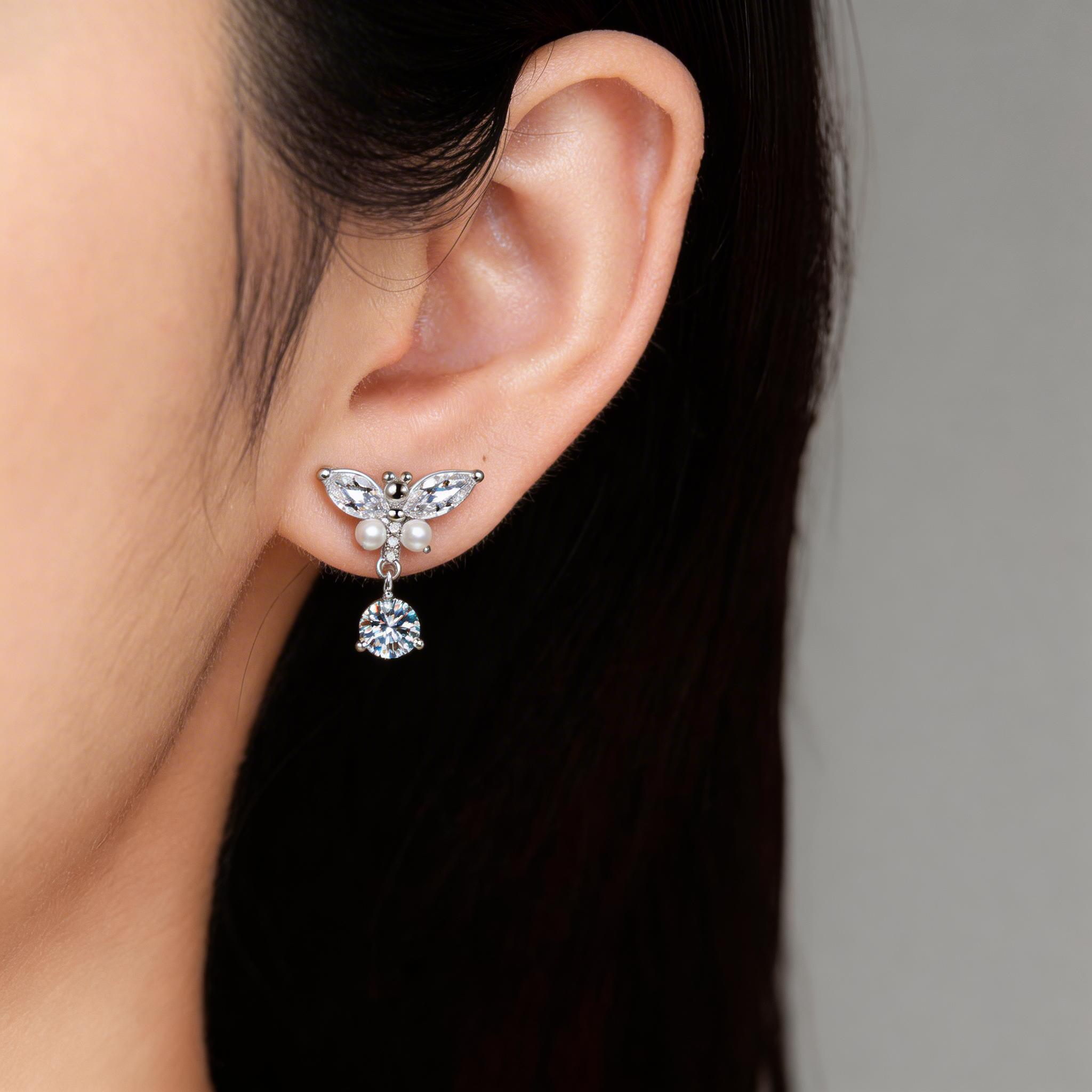 Pearl Butterfly Drop Sparkle Stud Earrings