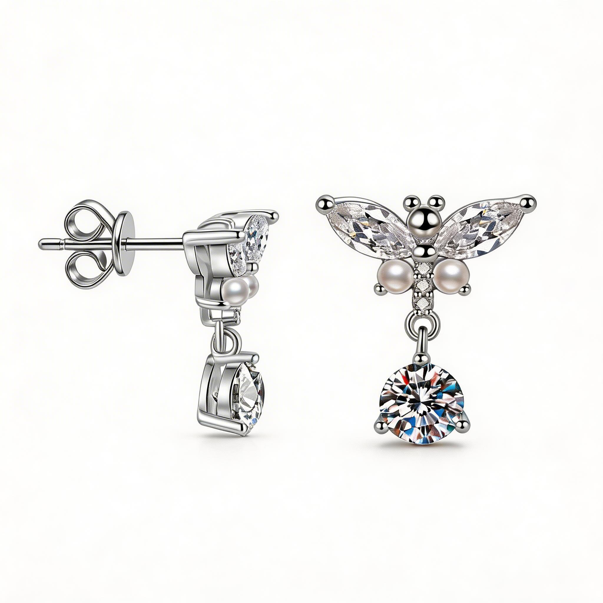 Pearl Butterfly Drop Sparkle Stud Earrings