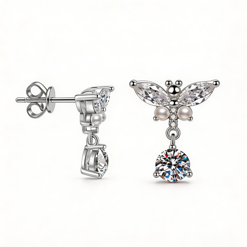 Pearl Butterfly Drop Sparkle Stud Earrings