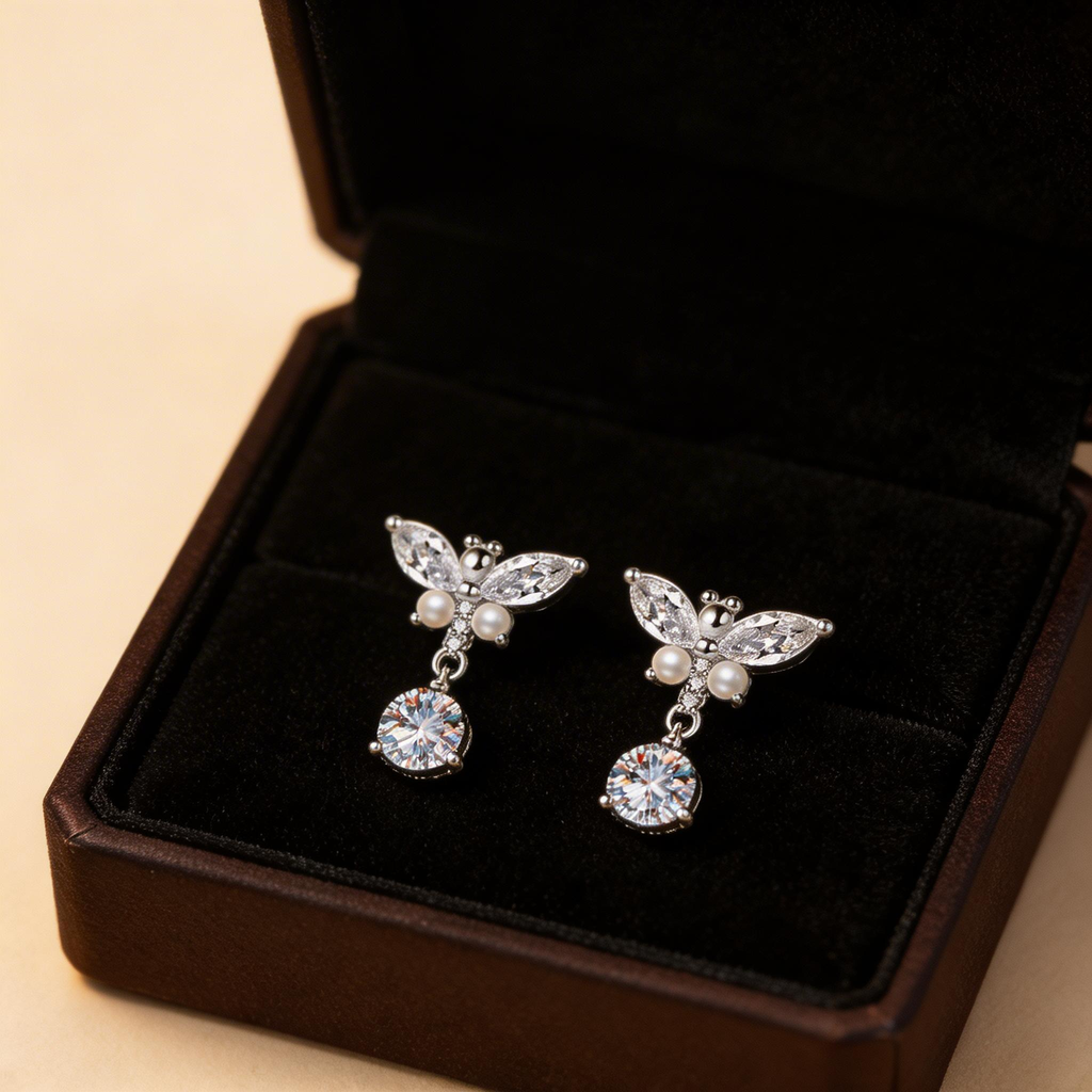 Pearl Butterfly Drop Sparkle Stud Earrings