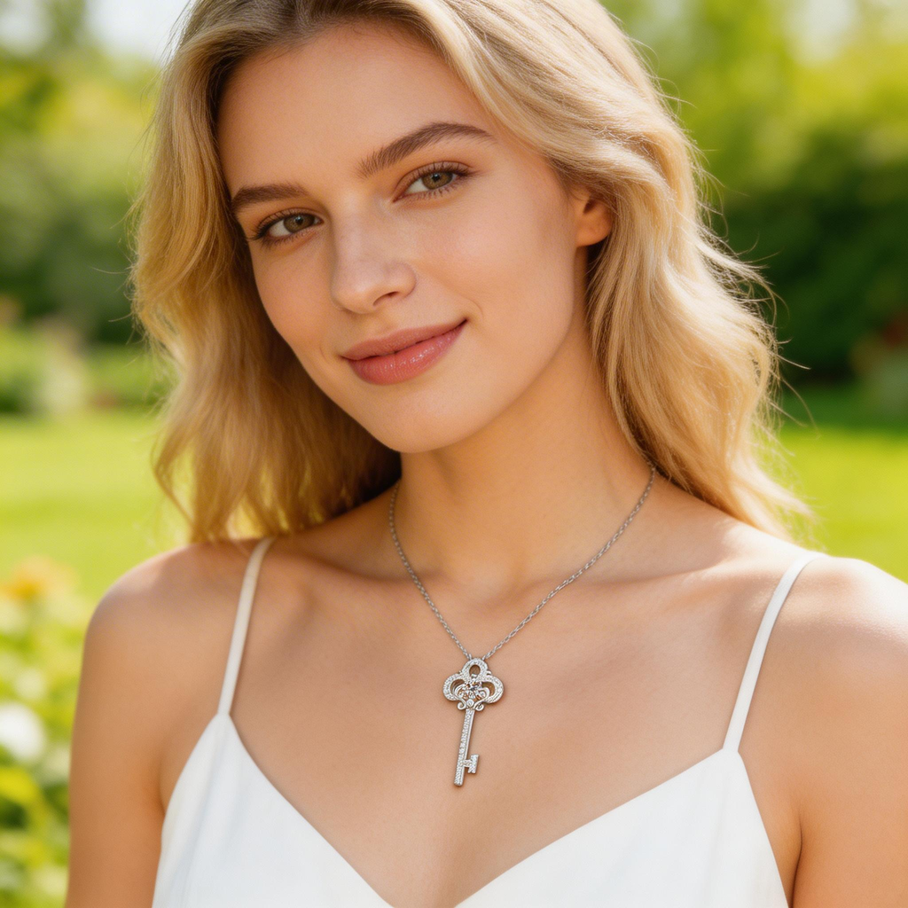 Ornate Key Sparkle Pendant Necklace