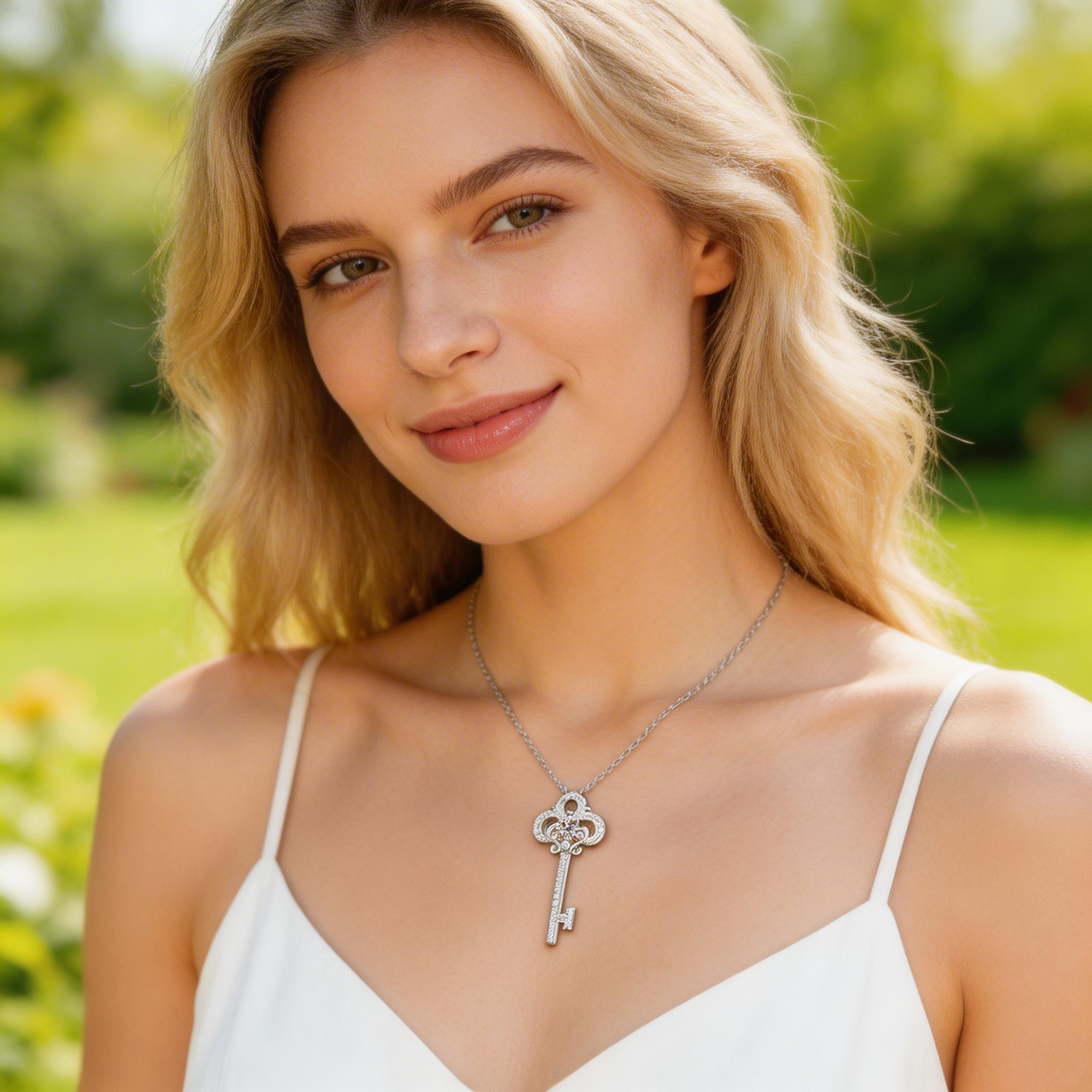 Ornate Key Sparkle Pendant Necklace